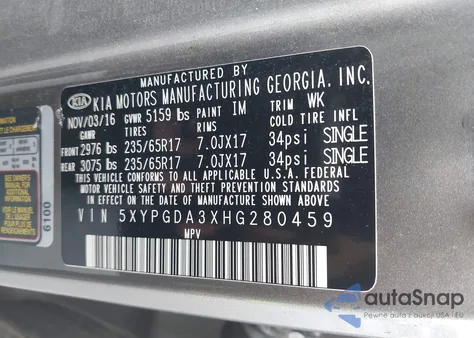 2017 Kia Sorento 2.4L Lx из США, поврежденный, VIN 5XYPGDA3XHG280459